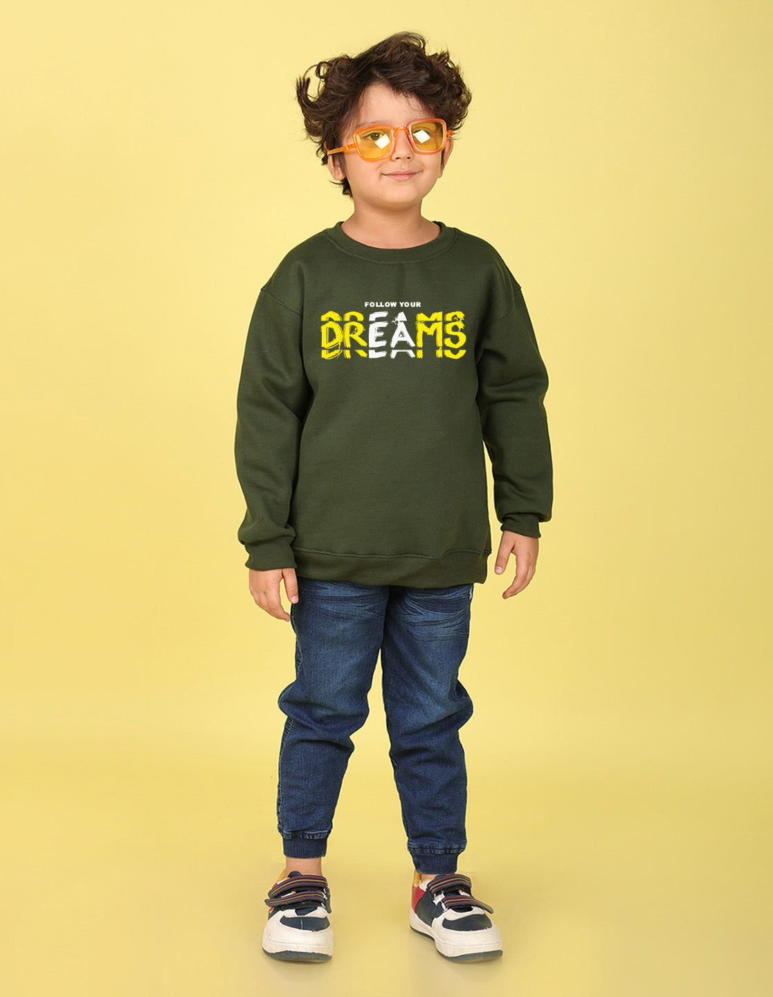 NUSYL Boy's Olive Dreams text Printed Oversized Round neck Sweatshirt