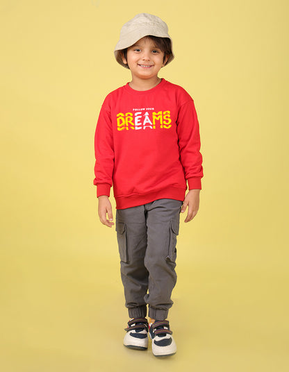 NUSYL Boy's Red Dreams text Printed Oversized Round neck Sweatshirt