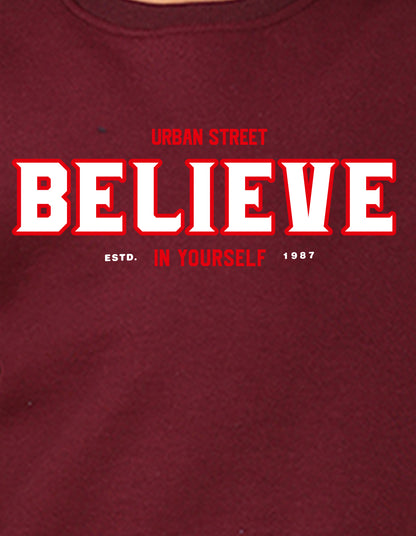NUSYL Boy's Burgundy Believe text Printed Oversized Round neck Sweatshirt