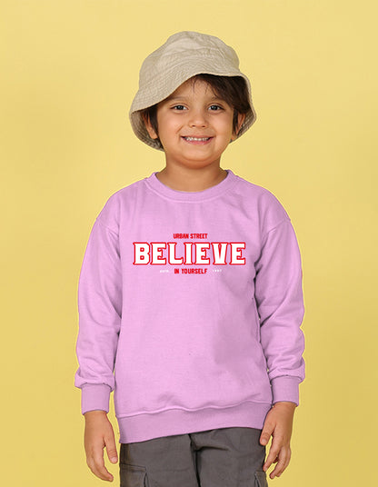 NUSYL Boy's Lilac Believe text Printed Oversized Round neck Sweatshirt