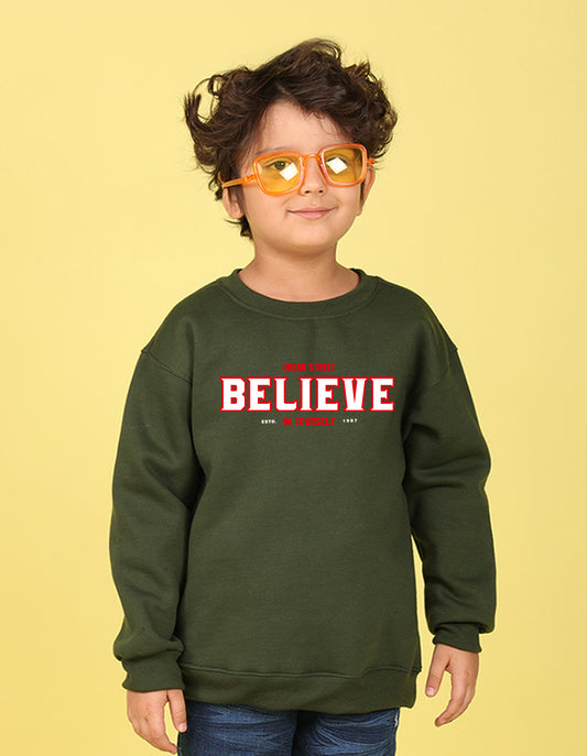 NUSYL Boy's Olive Believe text Printed Oversized Round neck Sweatshirt