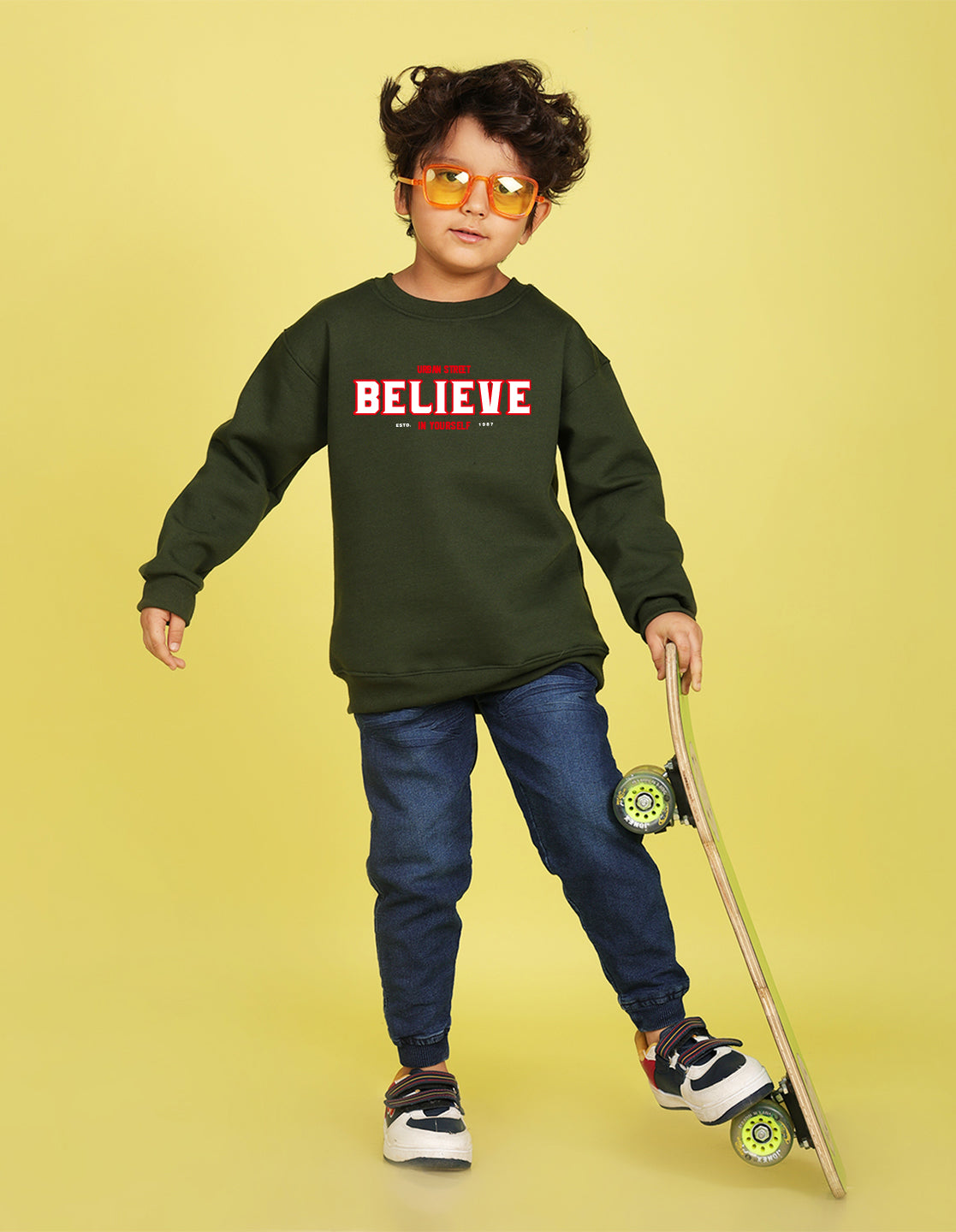 NUSYL Boy's Olive Believe text Printed Oversized Round neck Sweatshirt