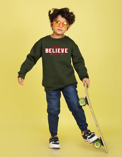 NUSYL Boy's Olive Believe text Printed Oversized Round neck Sweatshirt