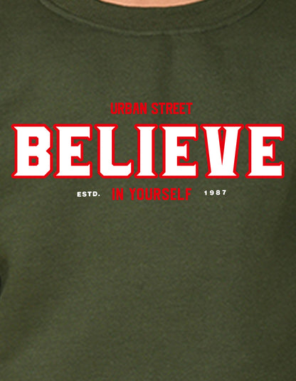 NUSYL Boy's Olive Believe text Printed Oversized Round neck Sweatshirt