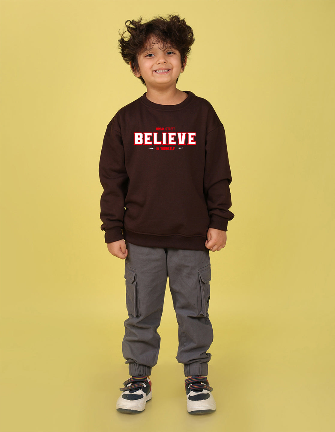 NUSYL Boy's Brown Believe text Printed Oversized Round neck Sweatshirt