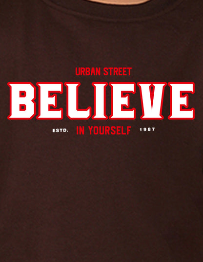 NUSYL Boy's Brown Believe text Printed Oversized Round neck Sweatshirt