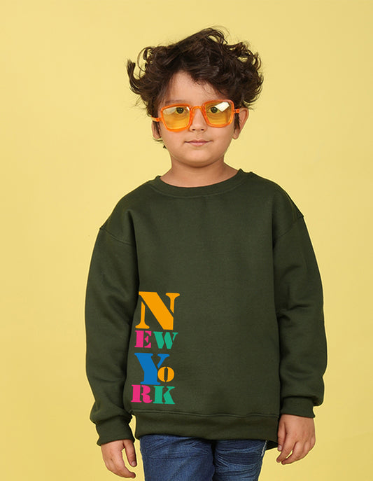 NUSYL Boy's Olive New York text Printed Oversized Round neck Sweatshirt
