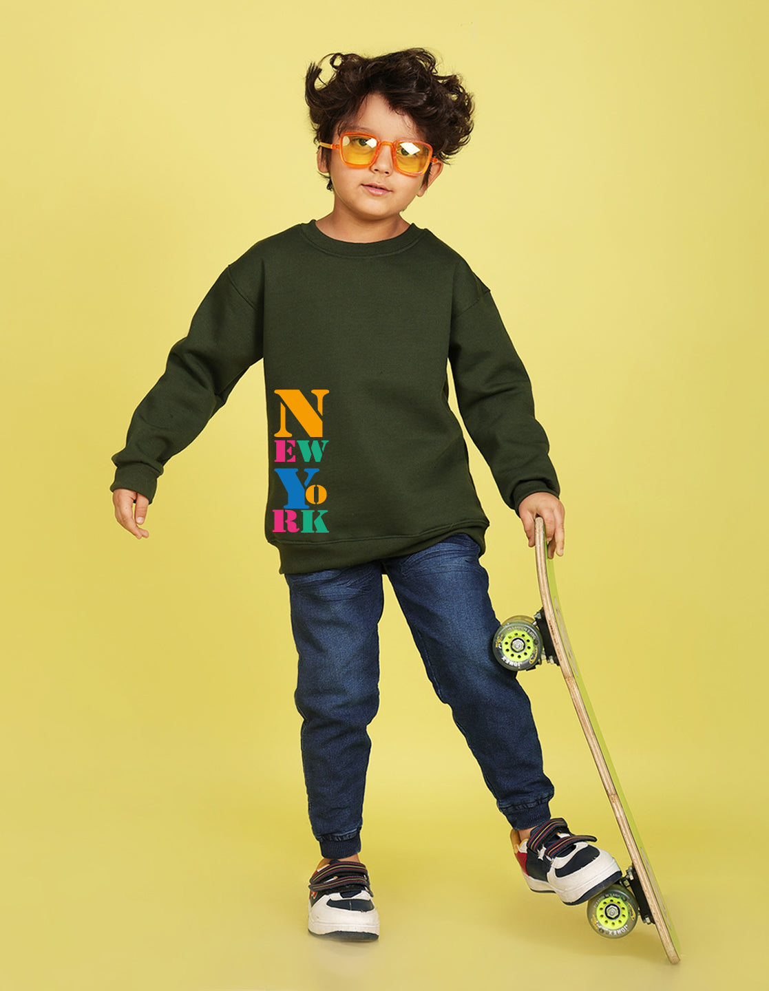 NUSYL Boy's Olive New York text Printed Oversized Round neck Sweatshirt