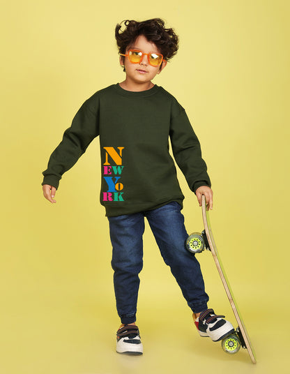 NUSYL Boy's Olive New York text Printed Oversized Round neck Sweatshirt