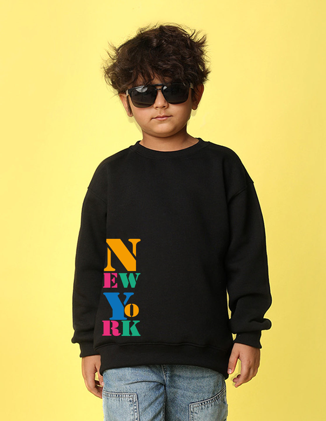 NUSYL Boy's Black New York text Printed Oversized Round neck Sweatshirt