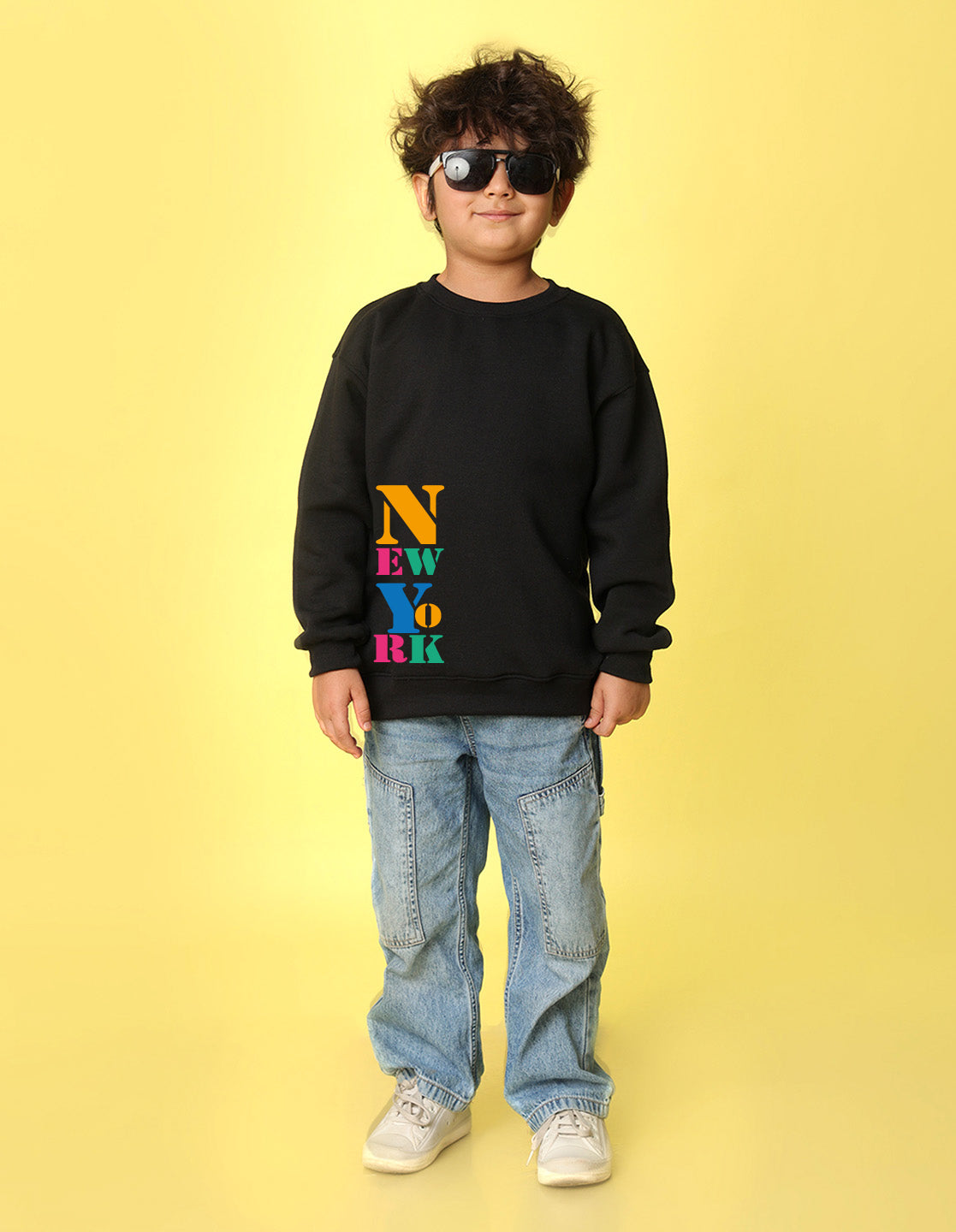 NUSYL Boy's Black New York text Printed Oversized Round neck Sweatshirt