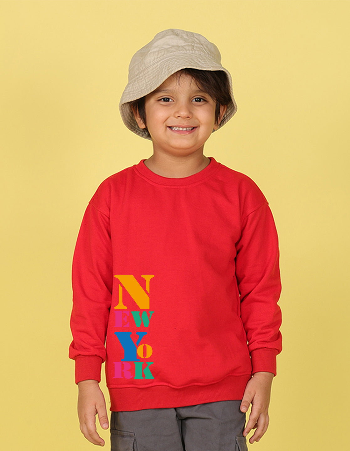 NUSYL Boy's Red New York text Printed Oversized Round neck Sweatshirt