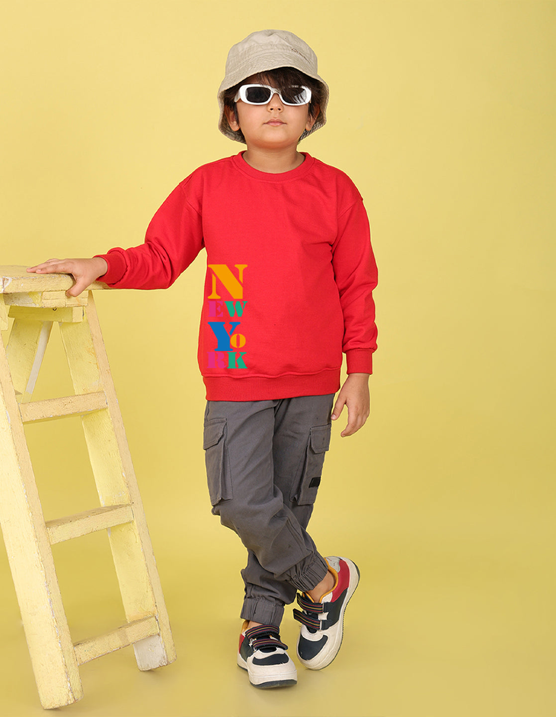 NUSYL Boy's Red New York text Printed Oversized Round neck Sweatshirt