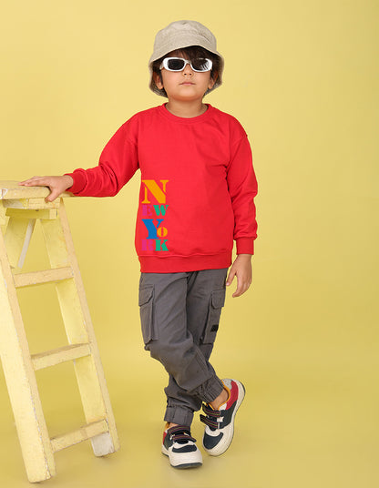 NUSYL Boy's Red New York text Printed Oversized Round neck Sweatshirt