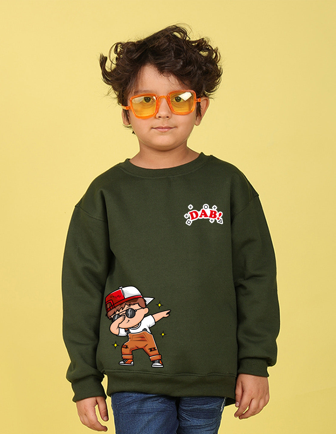 NUSYL Boy's Olive Dab! text Printed Oversized Round neck Sweatshirt