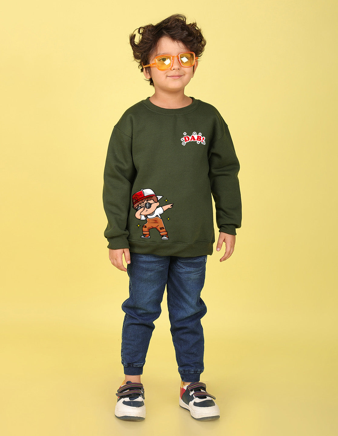 NUSYL Boy's Olive Dab! text Printed Oversized Round neck Sweatshirt