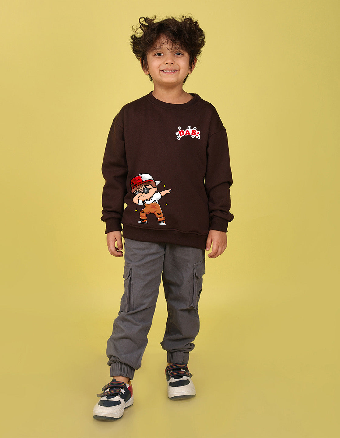 NUSYL Boy's Brown Dab! text Printed Oversized Round neck Sweatshirt