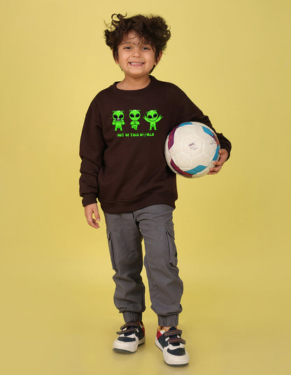 NUSYL Boy's Brown Out of this world text Printed Oversized Round neck Sweatshirt