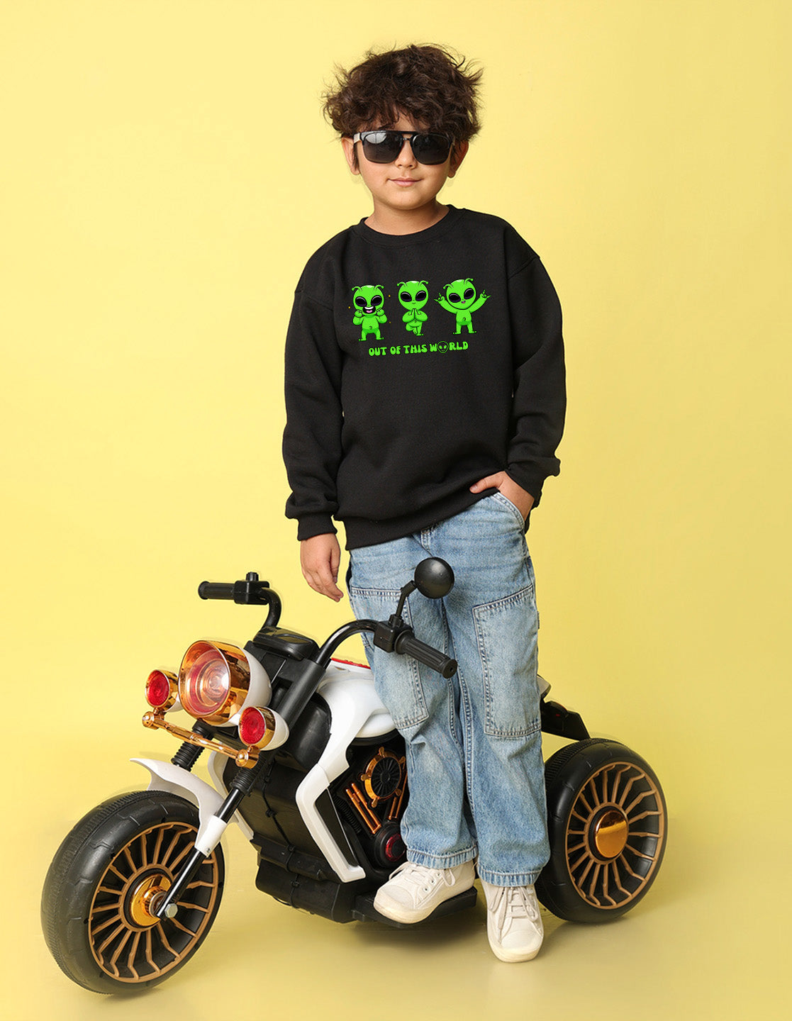 NUSYL Boy's Black Out of this world text Printed Oversized Round neck Sweatshirt