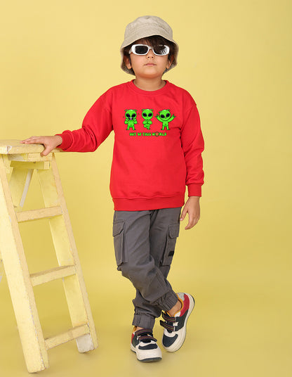 NUSYL Boy's Red Out of this world text Printed Oversized Round neck Sweatshirt