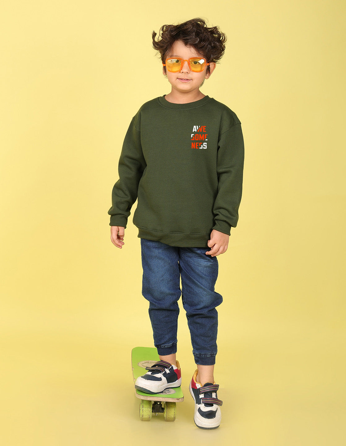 NUSYL Boy's Olive Awesomeness text Printed Oversized Round neck Sweatshirt