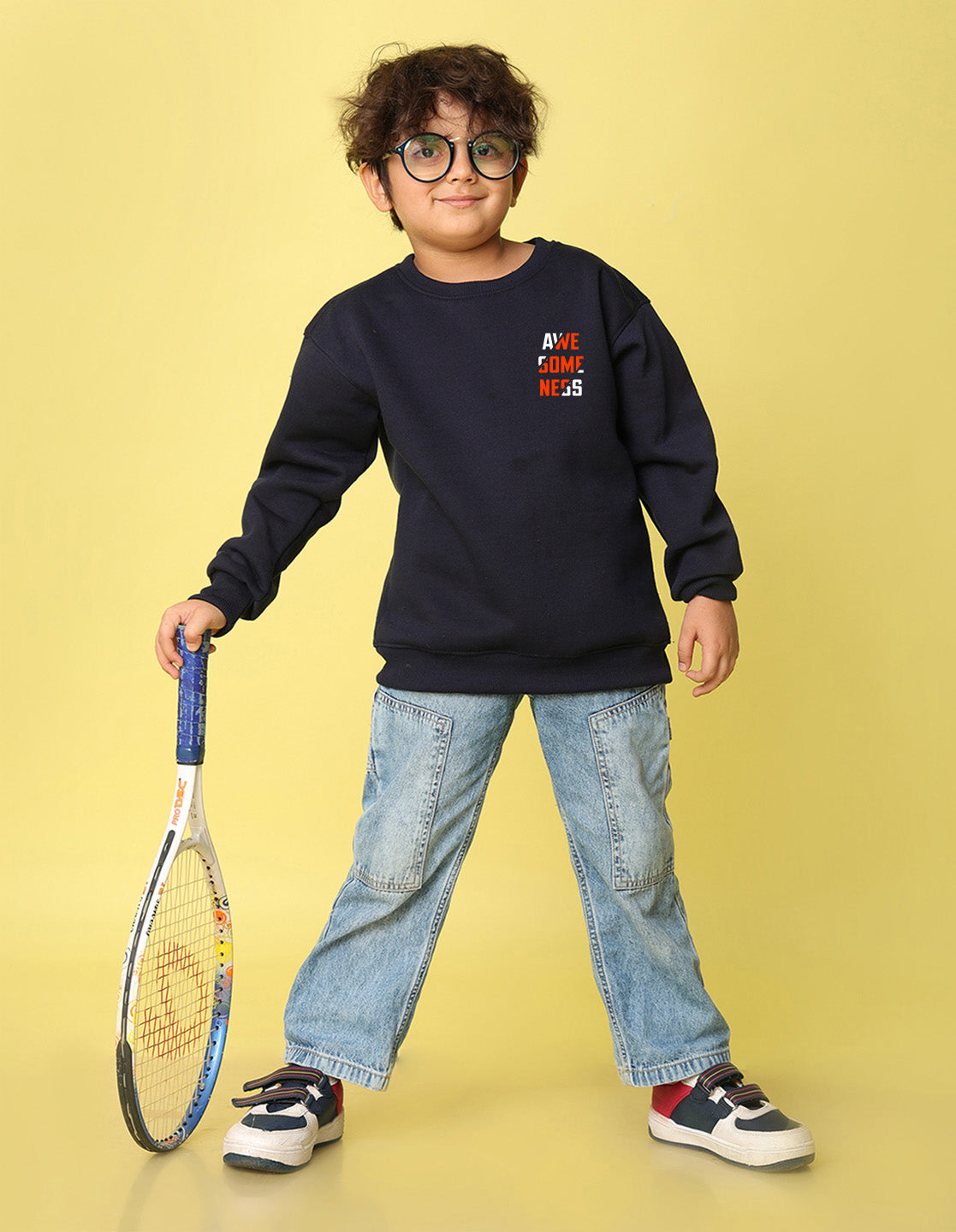 NUSYL Boy's Navy Blue Awesomeness text Printed Oversized Round neck Sweatshirt
