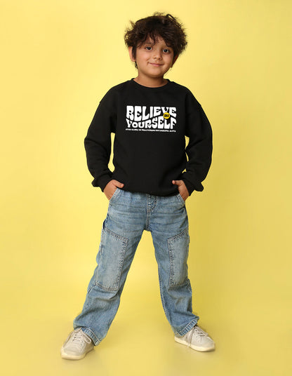 NUSYL Boy's Black Believe yourself text Printed Oversized Round neck Sweatshirt