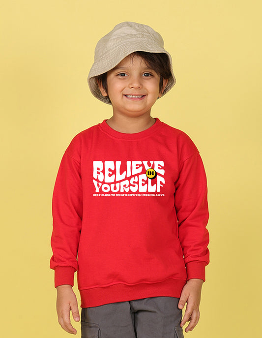 NUSYL Boy's Red Believe yourself text Printed Oversized Round neck Sweatshirt