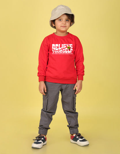 NUSYL Boy's Red Believe yourself text Printed Oversized Round neck Sweatshirt