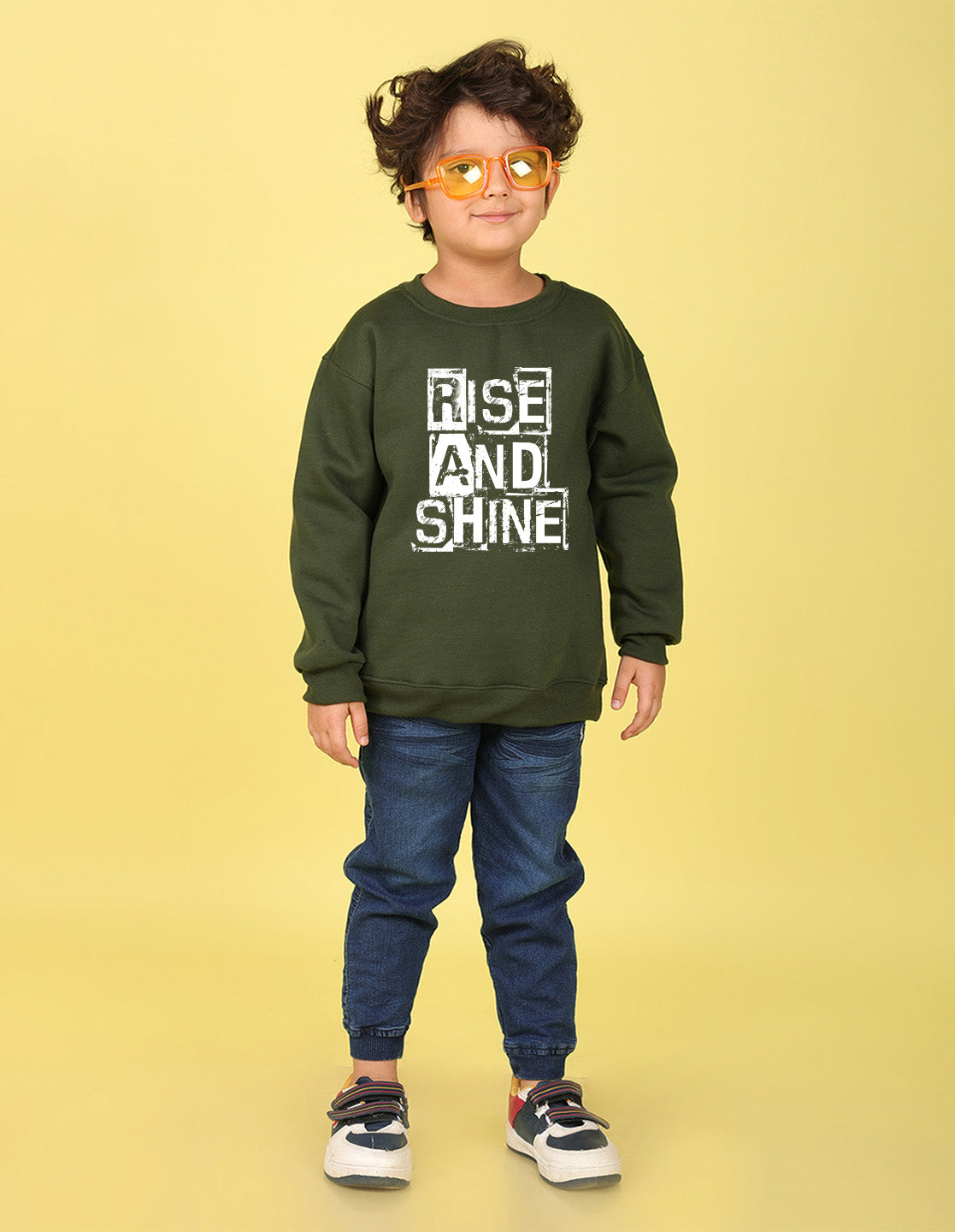 NUSYL Boy's Olive Rise and shine text Printed Oversized Round neck Sweatshirt