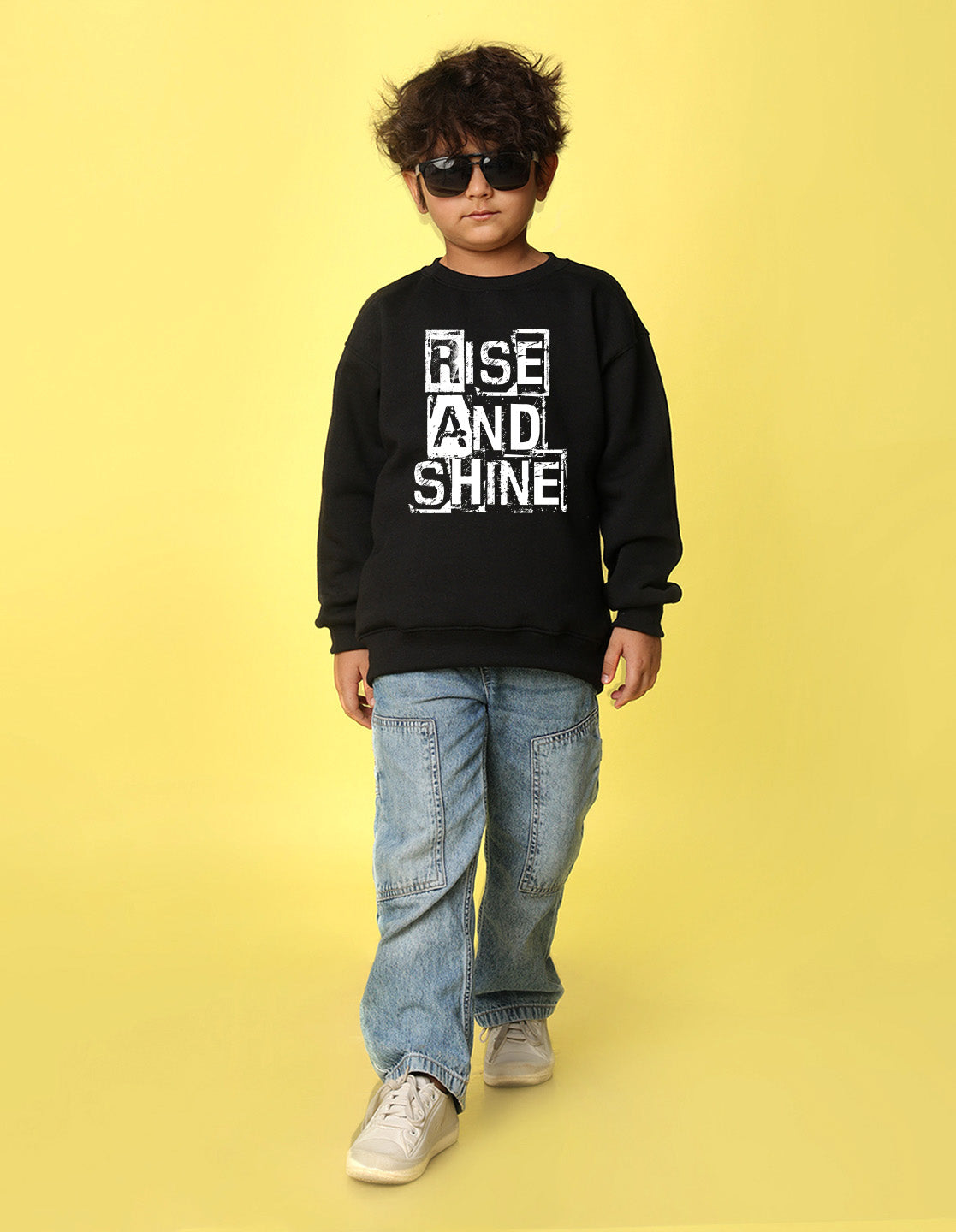 NUSYL Boy's Black Rise and shine text Printed Oversized Round neck Sweatshirt