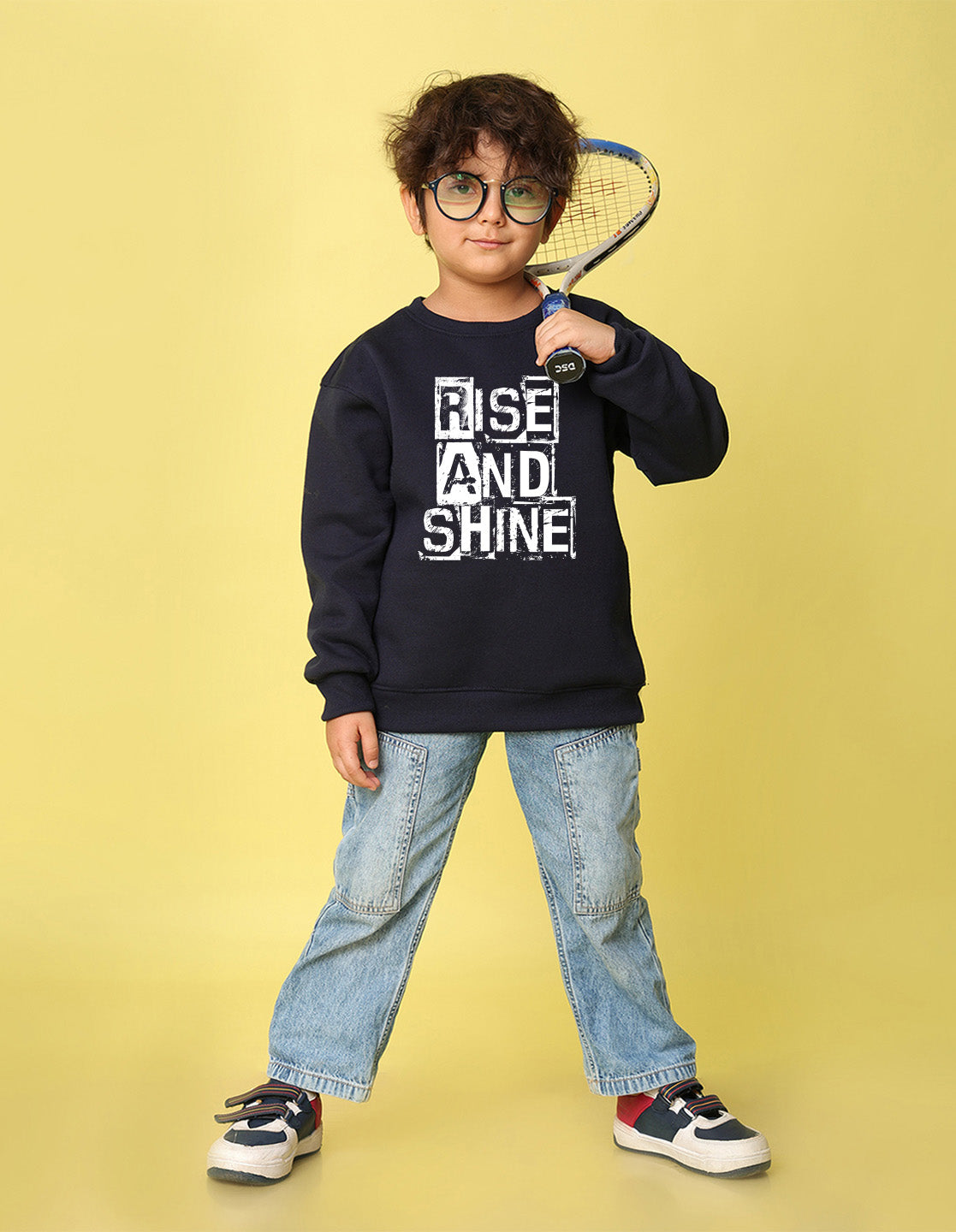 NUSYL Boy's Navy Blue Rise and shine text Printed Oversized Round neck Sweatshirt