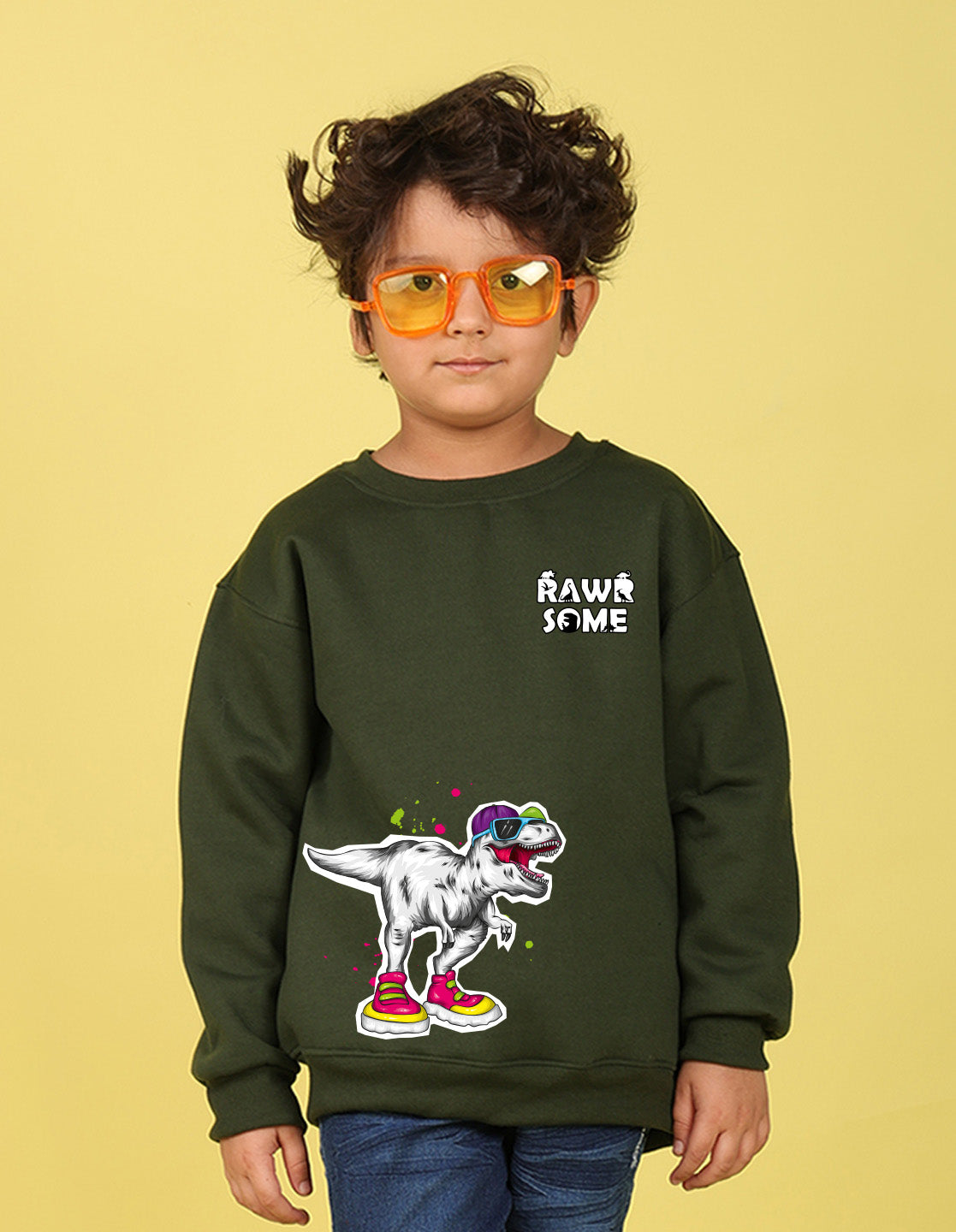 NUSYL Boy's Olive Dinosaur Printed Oversized Round neck Sweatshirt
