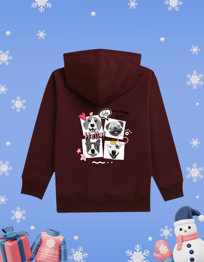 Nusyl Girl's burgundy Dog & hellow text Printed hoodie