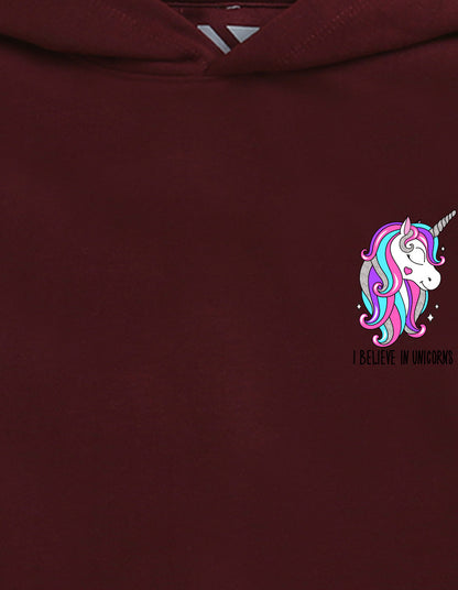 Nusyl Girl's burgundy I believe in unicorns Printed hoodie