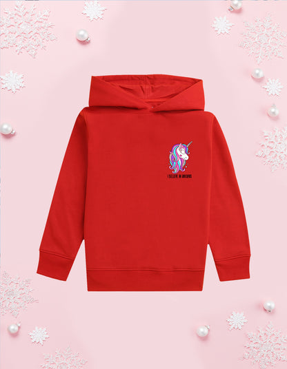 Nusyl Girl's Red I believe in unicorns Printed hoodie