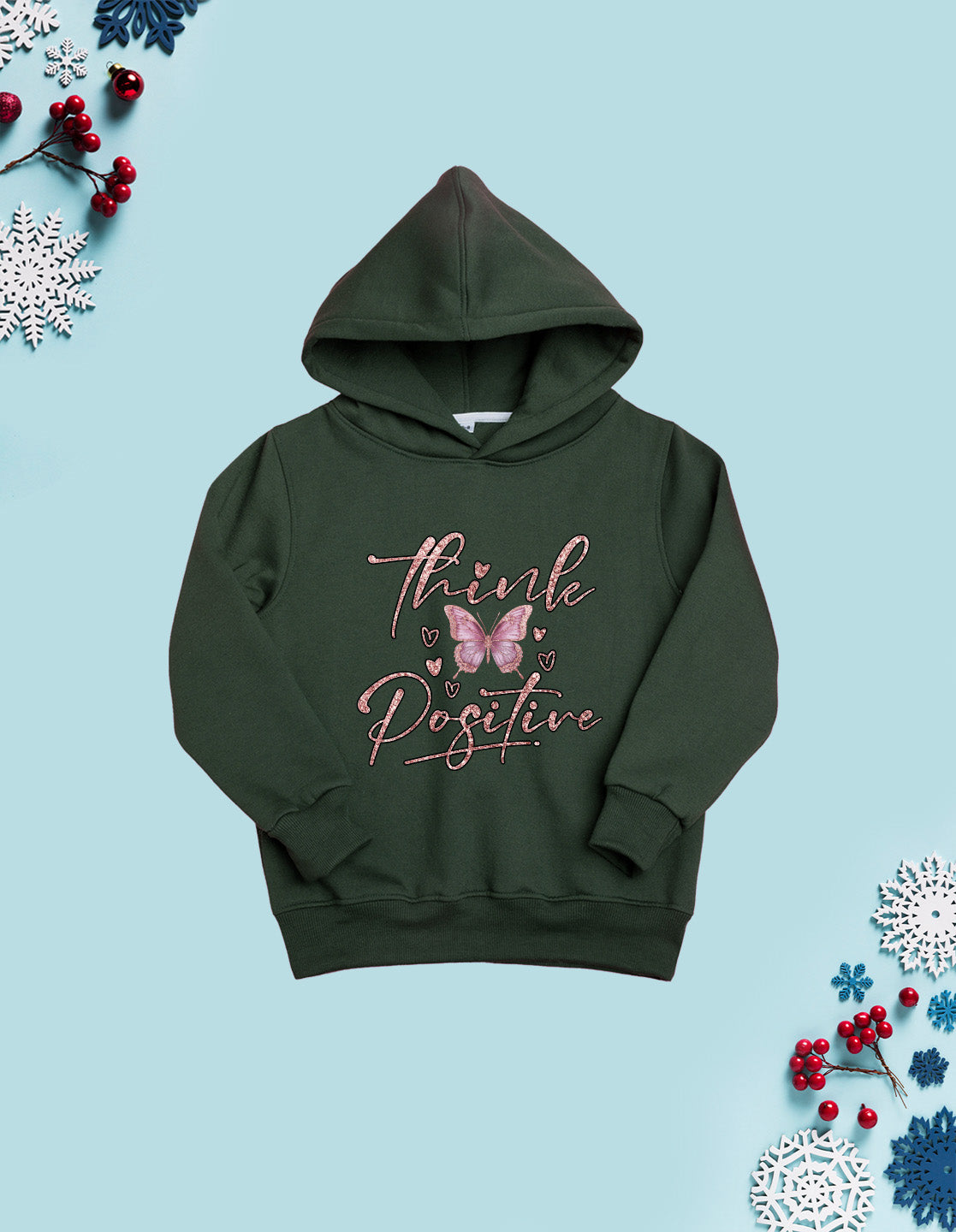 Nusyl Girl's Olive Butterfly & Think Positive text Printed hoodie