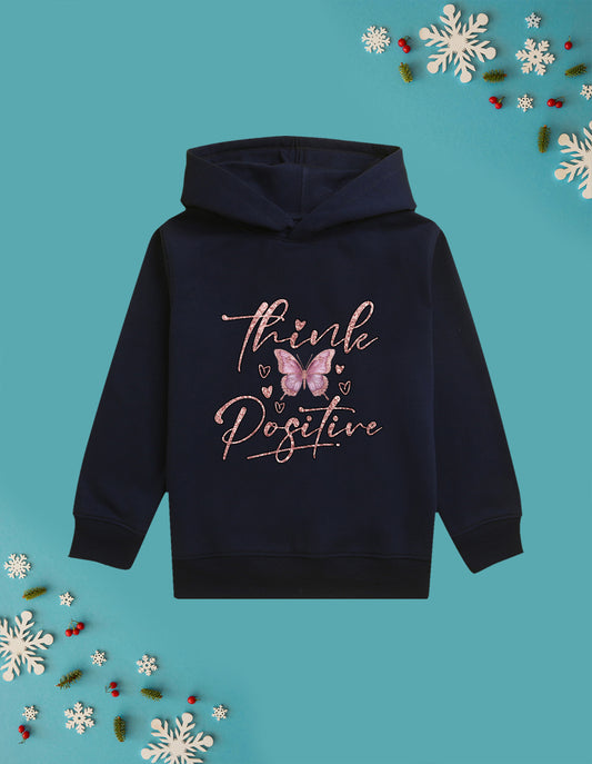 Nusyl Girl's Navy Blue Butterfly & Think Positive text Printed hoodie