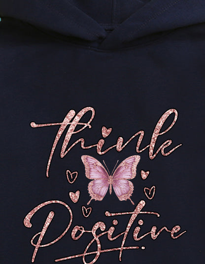 Nusyl Girl's Navy Blue Butterfly & Think Positive text Printed hoodie