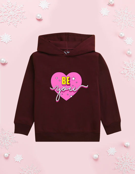 Nusyl Girl's burgundy be you text Printed hoodie