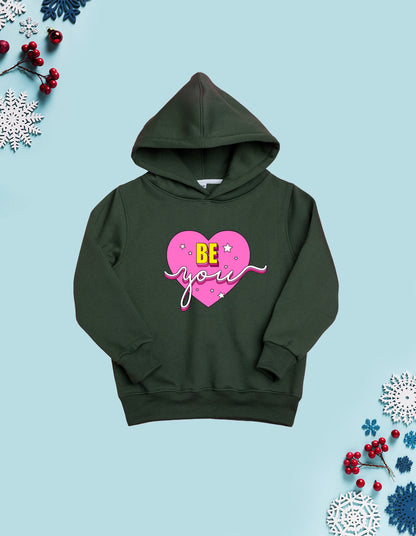 Nusyl Girl's Olive be you text Printed hoodie