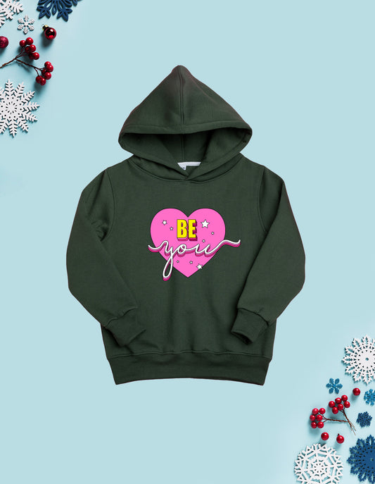 Nusyl Girl's Olive be you text Printed hoodie