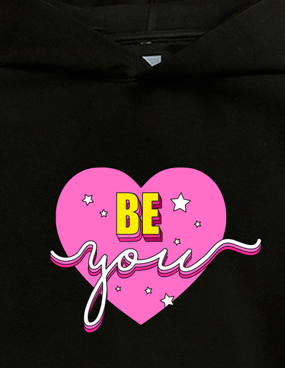 Nusyl Girl's Black be you text Printed hoodie