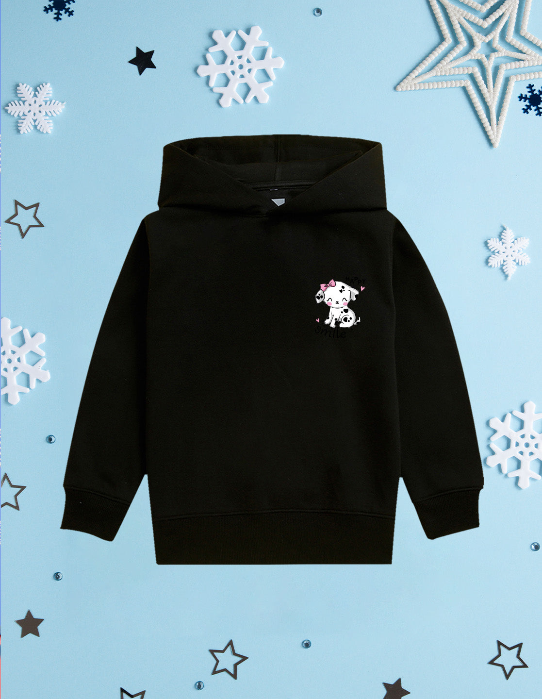 Nusyl Girl's Black Cute cat & happy smile text Printed hoodie