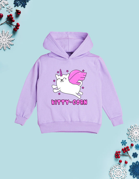 Nusyl Girl's Lilac kitty-corn text Printed hoodie