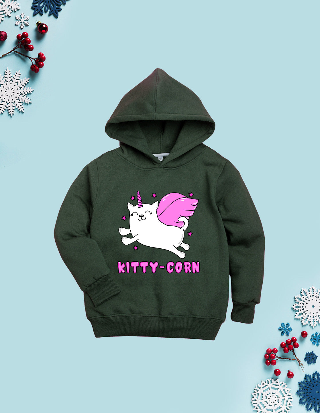 Nusyl Girl's Olive kitty-corn text Printed hoodie