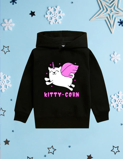 Nusyl Girl's Black kitty-corn text Printed hoodie
