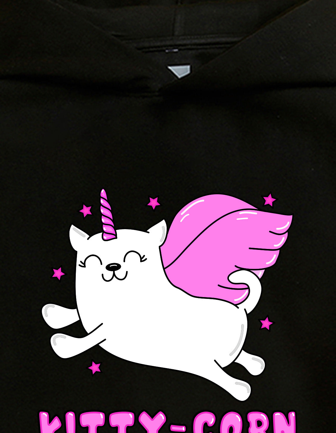 Nusyl Girl's Black kitty-corn text Printed hoodie