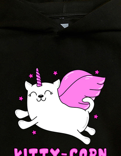 Nusyl Girl's Black kitty-corn text Printed hoodie