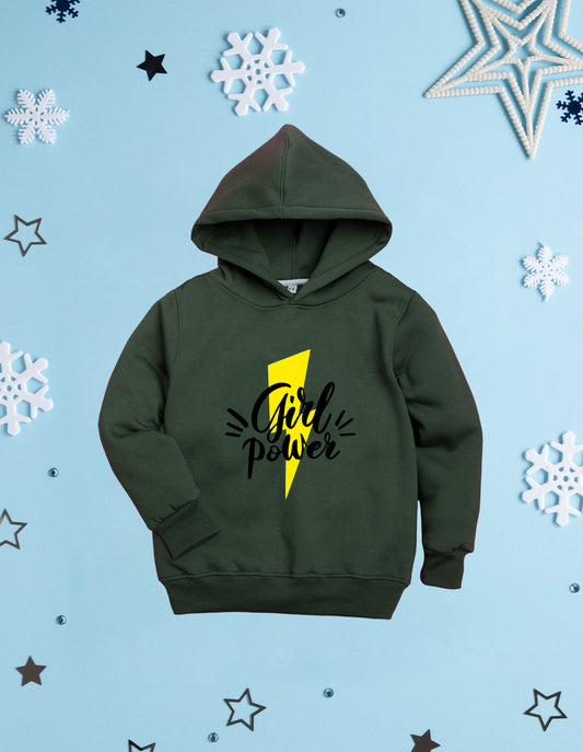 Nusyl Girl's Olive Girl power Printed hoodie